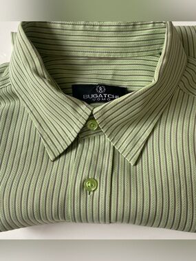 Bugatchi Uomo Green/Grey Stripe Men's short sleeve lightweight Shirt relaxed fit